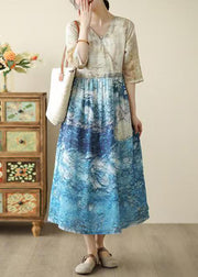 Bohemian Blue Print Patchwork Tunic Dresses Summer