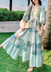 Bohemian Blue Print Side Open Patchwork Cotton Maxi Dresses Half Sleeve