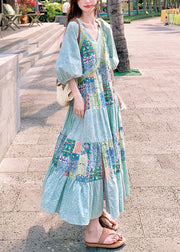 Bohemian Blue Print Side Open Patchwork Cotton Maxi Dresses Half Sleeve