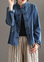 Bohemian Blue Stand Collar Pockets Patchwork Button Denim Coats Fall