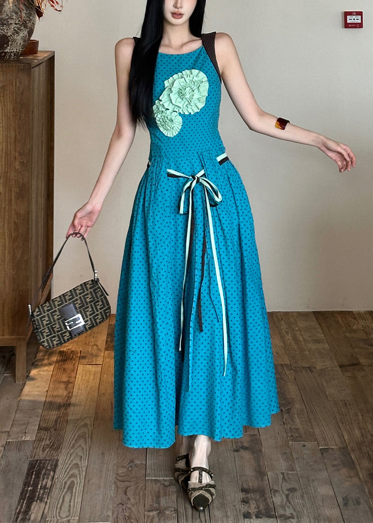 Bohemian Blue Tie Waist Flower Decorated Cotton Dress Sleeveless