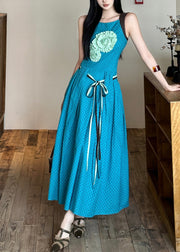 Bohemian Blue Tie Waist Flower Decorated Cotton Dress Sleeveless