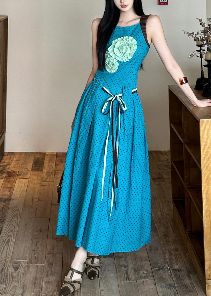 Bohemian Blue Tie Waist Flower Decorated Cotton Dress Sleeveless