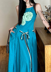 Bohemian Blue Tie Waist Flower Decorated Cotton Dress Sleeveless