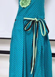 Bohemian Blue Tie Waist Flower Decorated Cotton Dress Sleeveless