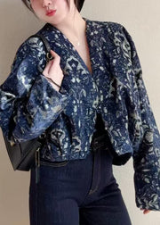 Bohemian Blue V Neck Button Print Cotton Short Coats Fall