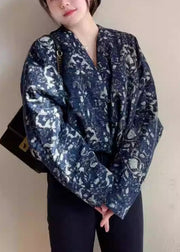 Bohemian Blue V Neck Button Print Cotton Short Coats Fall