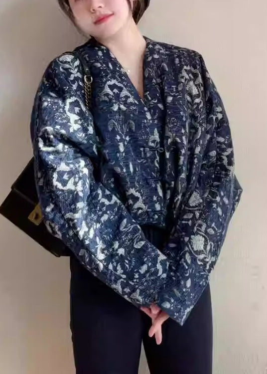 Bohemian Blue V Neck Button Print Cotton Short Coats Fall