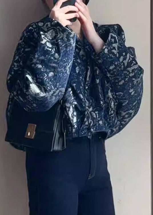 Bohemian Blue V Neck Button Print Cotton Short Coats Fall