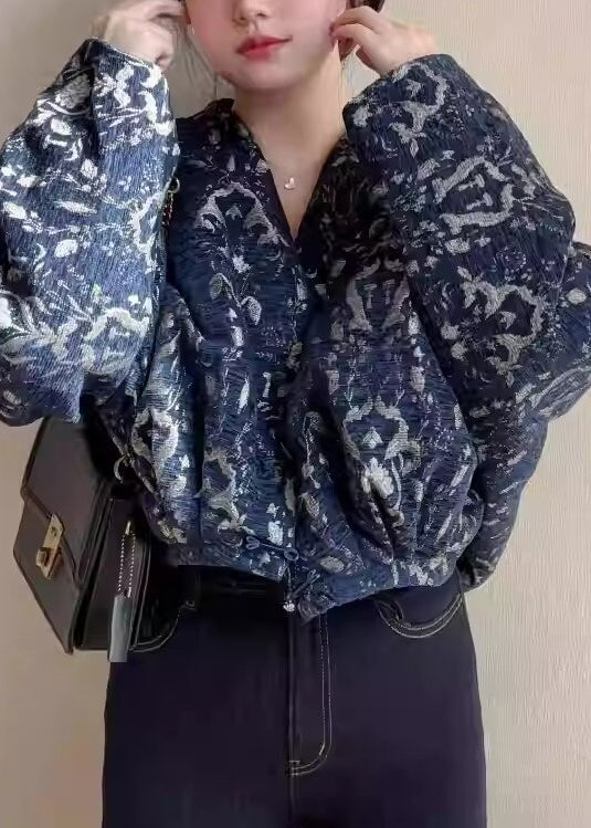 Bohemian Blue V Neck Button Print Cotton Short Coats Fall