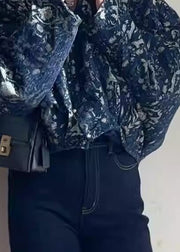 Bohemian Blue V Neck Button Print Cotton Short Coats Fall
