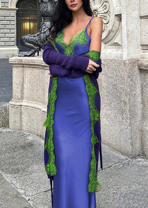 Bohemian Blue V Neck Lace Patchwork Spaghetti Strap Dress Sleeveless