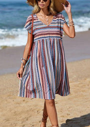 Bohemian Blue V Neck Striped Cotton Mid Dress Summer