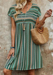 Bohemian Blue V Neck Striped Cotton Mid Dress Summer