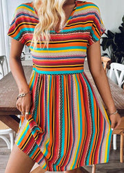 Bohemian Blue V Neck Striped Cotton Mid Dress Summer