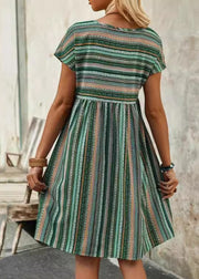 Bohemian Blue V Neck Striped Cotton Mid Dress Summer