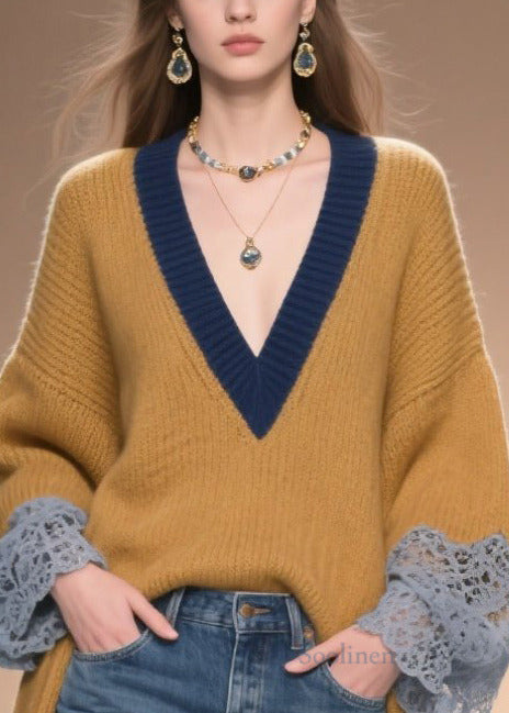Bohemian Brown Low High Design Patchwork Lace Sweater Winter