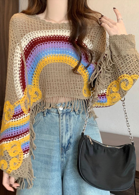 Bohemian Brown O-Neck Tassel Patchwork Knit Tops Fall