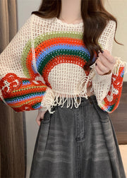 Bohemian Brown O-Neck Tassel Patchwork Knit Tops Fall