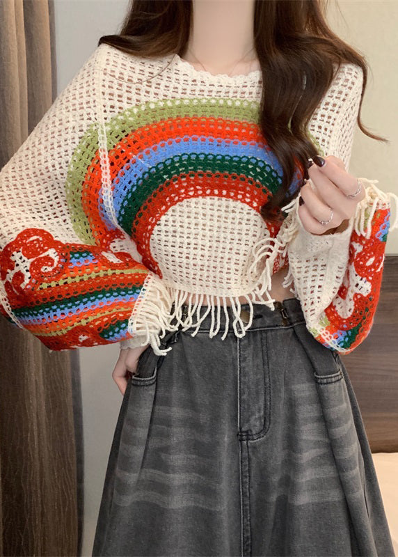Bohemian Brown O-Neck Tassel Patchwork Knit Tops Fall
