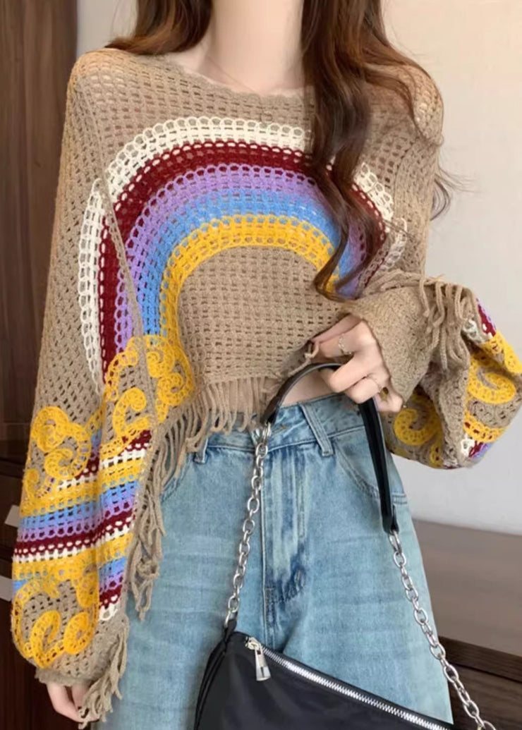 Bohemian Brown O-Neck Tassel Patchwork Knit Tops Fall