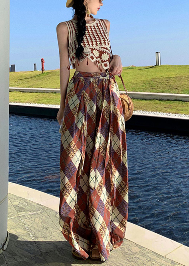 Bohemian Brown Print Side Open Chiffon Wide Leg Pants Summer