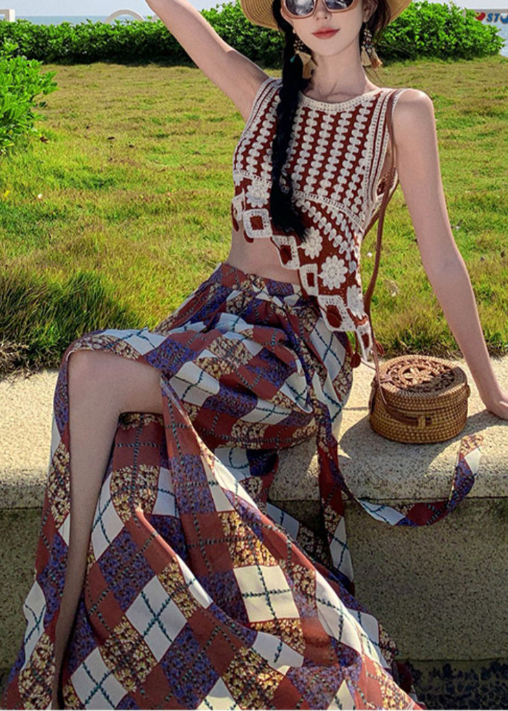 Bohemian Brown Print Side Open Chiffon Wide Leg Pants Summer