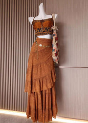 Bohemian Brown Print Tank And Skirts Cotton 2 Piece Outfit Sleeveless