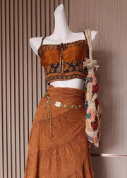 Bohemian Brown Print Tank And Skirts Cotton 2 Piece Outfit Sleeveless
