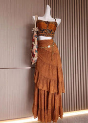 Bohemian Brown Print Tank And Skirts Cotton 2 Piece Outfit Sleeveless