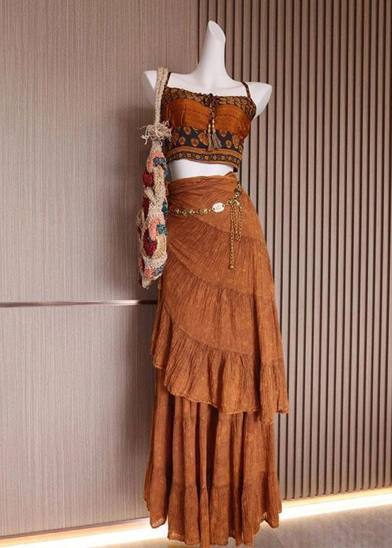 Bohemian Brown Print Tank And Skirts Cotton 2 Piece Outfit Sleeveless