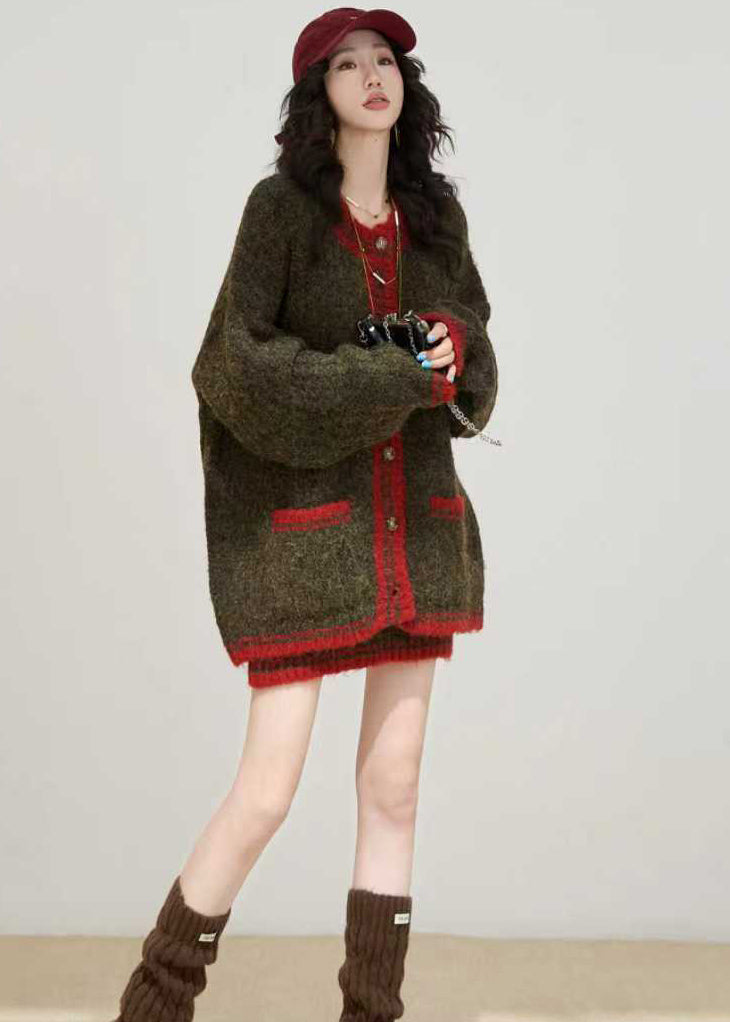 Bohemian Brown Thick Pockets Knit Loose Two Pieces Set Winter