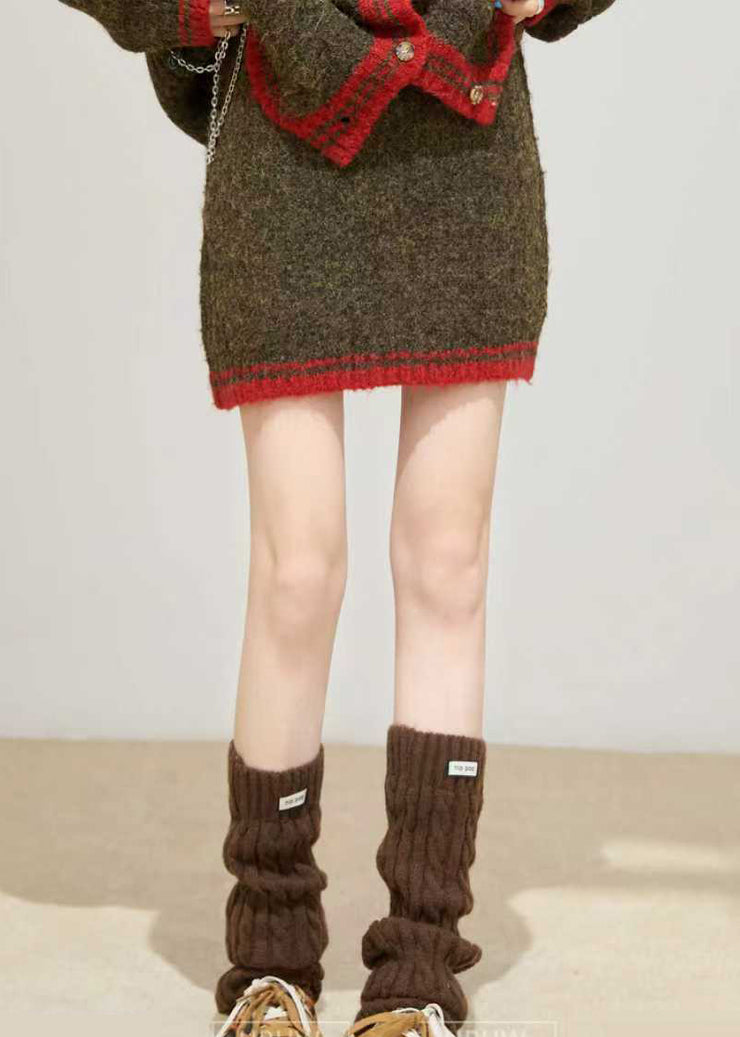 Bohemian Brown Thick Pockets Knit Loose Two Pieces Set Winter