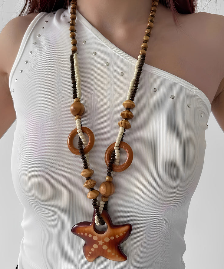 Bohemian Brown Woodiness Starfish Beads Pendant Necklace