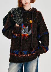 Bohemian Choaolate Hooded Cat Embroidered Knit Loose Sweatshirt Winter