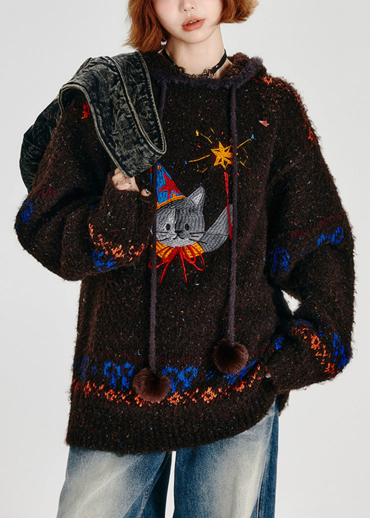 Bohemian Choaolate Hooded Cat Embroidered Knit Loose Sweatshirt Winter