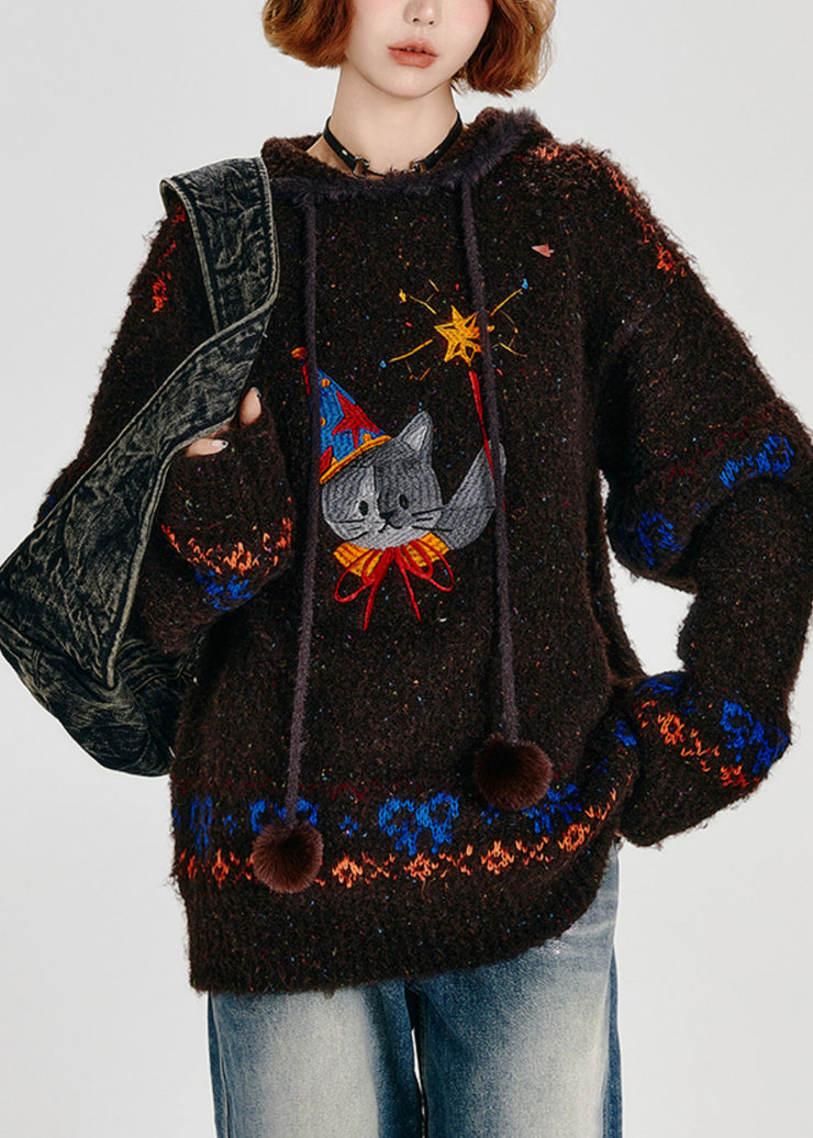 Bohemian Choaolate Hooded Cat Embroidered Knit Loose Sweatshirt Winter