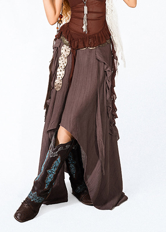 Bohemian Chocolate Ruffled Patchwork A Line Skirt Summer