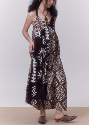 Bohemian Coffee Backless Print Patchwork Cotton Spaghetti Strap Dress Sleeveless