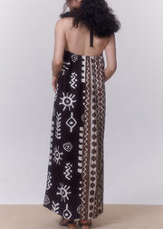 Bohemian Coffee Backless Print Patchwork Cotton Spaghetti Strap Dress Sleeveless