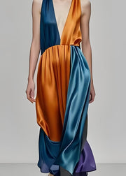 Bohemian Colorblock Deep-V Neck Patchwork Silk Party Dress Sleeveless