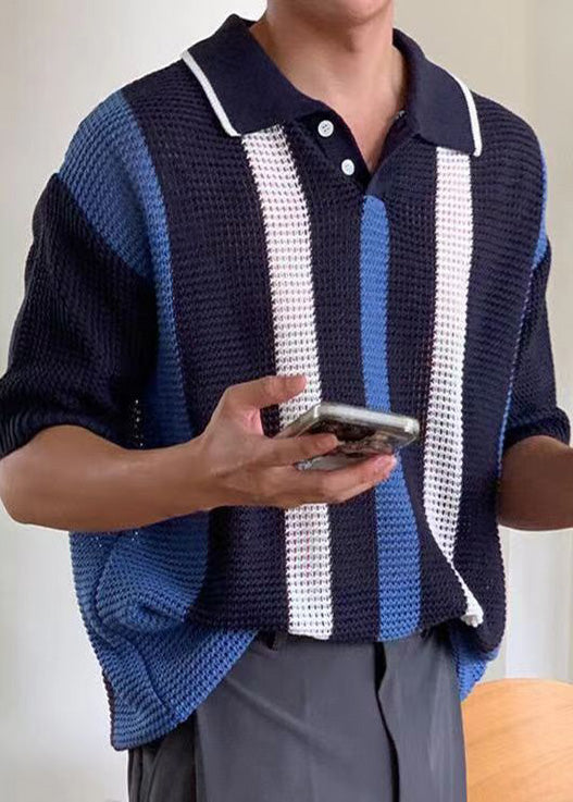 Bohemian Colorblock Oversized Striped Knit Men Polo Shirt Summer