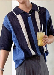Bohemian Colorblock Oversized Striped Knit Men Polo Shirt Summer