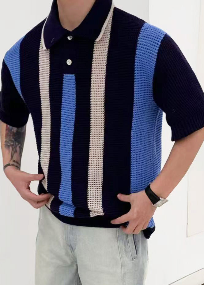 Bohemian Colorblock Oversized Striped Knit Men Polo Shirt Summer