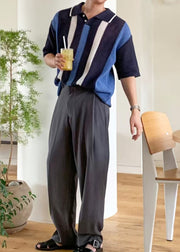 Bohemian Colorblock Oversized Striped Knit Men Polo Shirt Summer