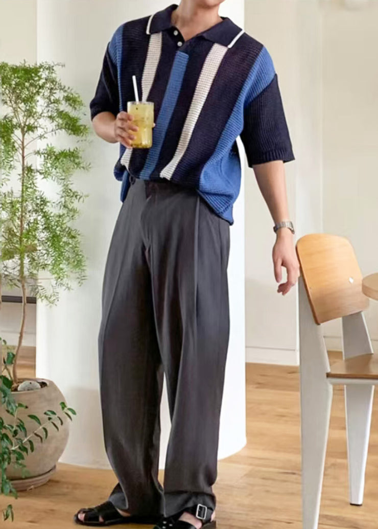 Bohemian Colorblock Oversized Striped Knit Men Polo Shirt Summer