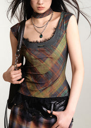Bohemian Dark Grey O-Neck Print Lace Patchwork Vest Sleeveless
