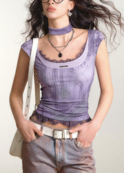 Bohemian Dark Grey O-Neck Print Lace Patchwork Vest Sleeveless