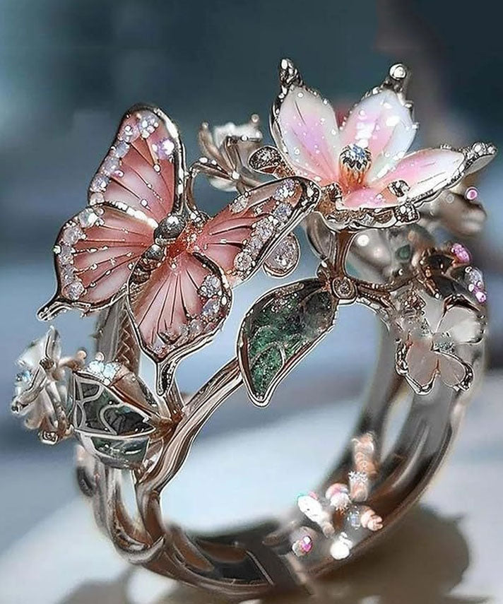 Bohemian Gold Alloy Zircon Drip Glaze Butterfly Floral Rings