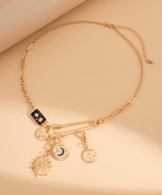 Bohemian Gold Copper Alloy Zircon Pin Asymmetrical Cross Pendant Necklace